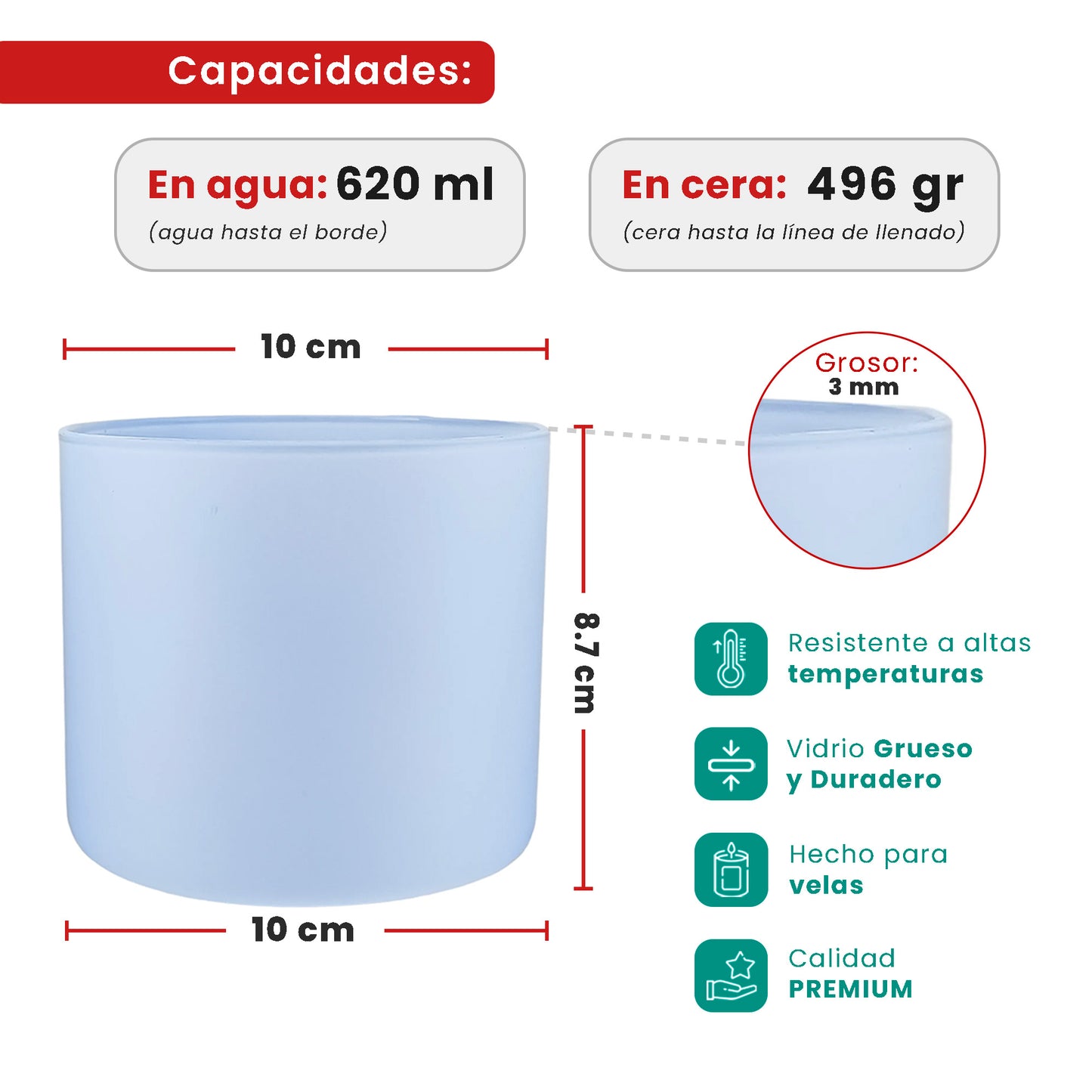 620ml - Mónaco Vaso de vidrio para velas - Inspirado en Bath Body Works® / White Barn® - Frasco Azul Bebé Azul Cielo Claro Mate