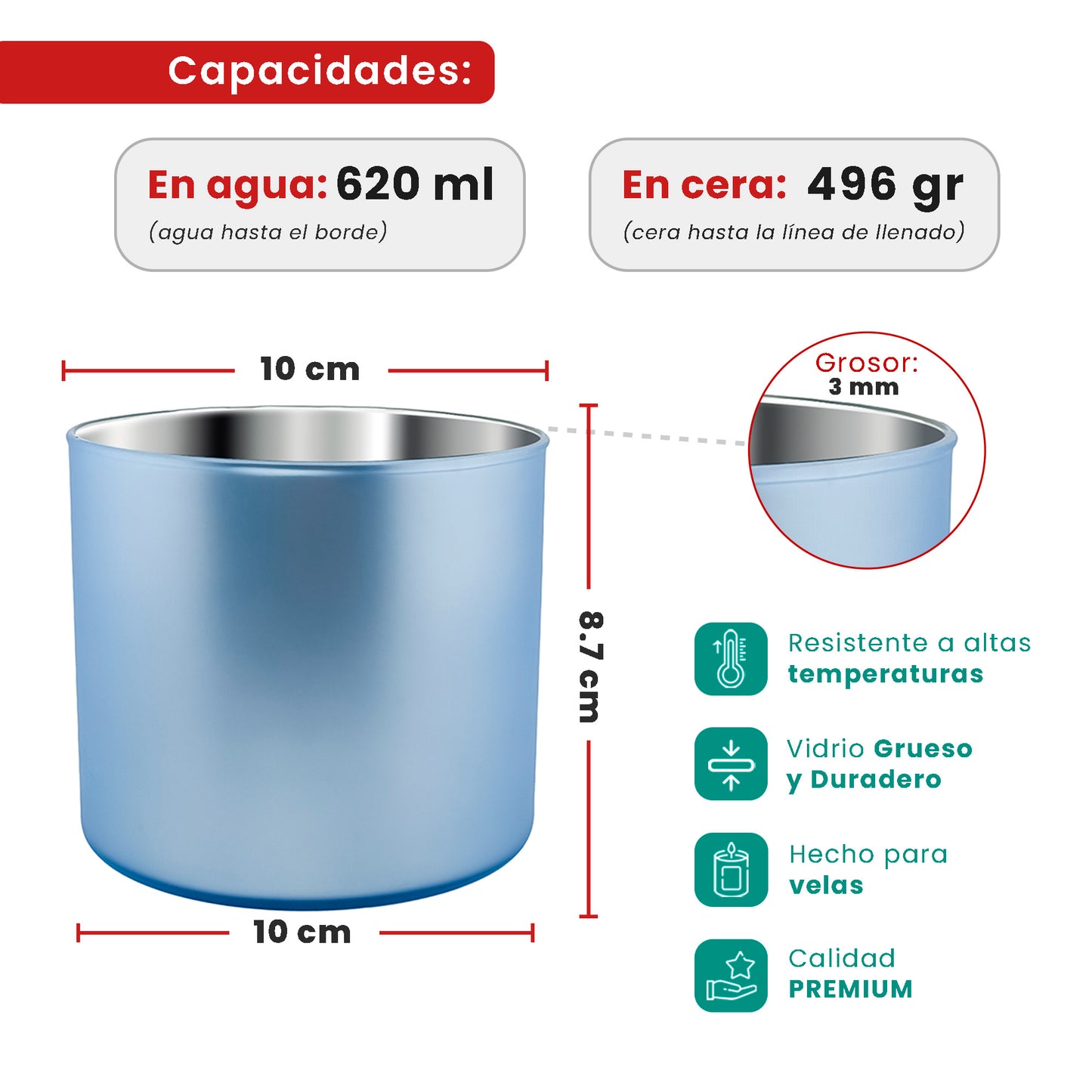 620ml - Mónaco Vaso de vidrio para velas - Inspirado en Bath Body Works® / White Barn® - Frasco Azul Claro Mate / Metállico