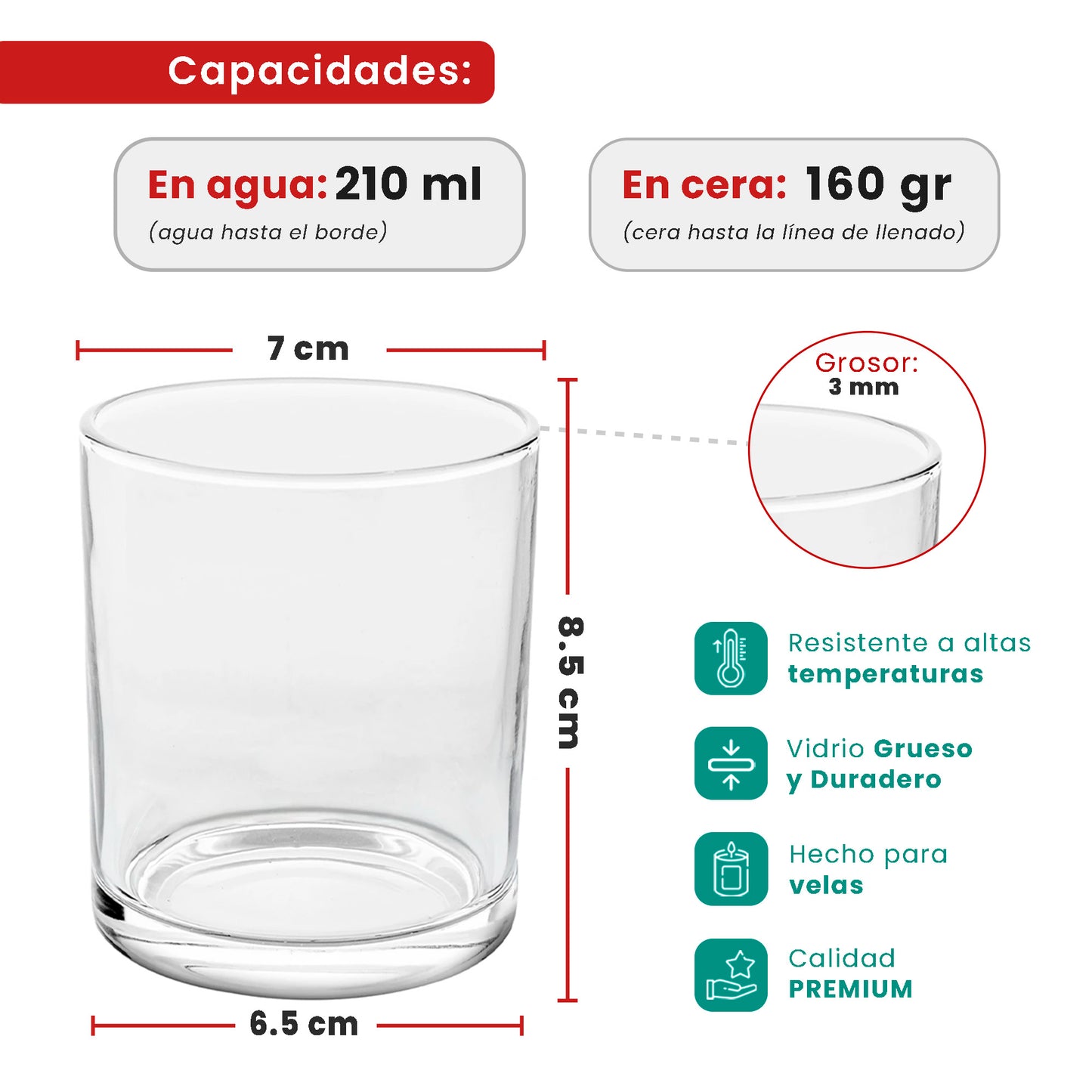 210ml - Mónaco Vaso de vidrio para velas - Frasco Transparente