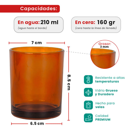 210ml - Mónaco Vaso de vidrio para velas - Frasco Ámbar Transparente