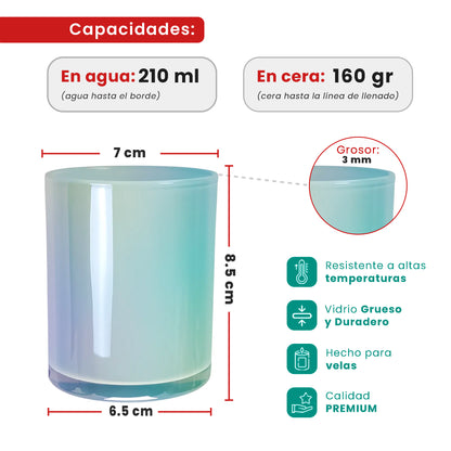 210ml - Mónaco Vaso de Vidrio para Velas Azul Bebé - Frasco Azul Claro Tornasol Brillante