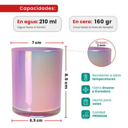 210ml - Mónaco Vaso de Vidrio para Velas - Frasco Morado Claro Arcoíris Tornasol Brillante