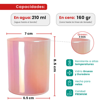 210ml - Mónaco Vaso de Vidrio para Velas - Frasco Rosa Pastel Arcoíris Tornasol