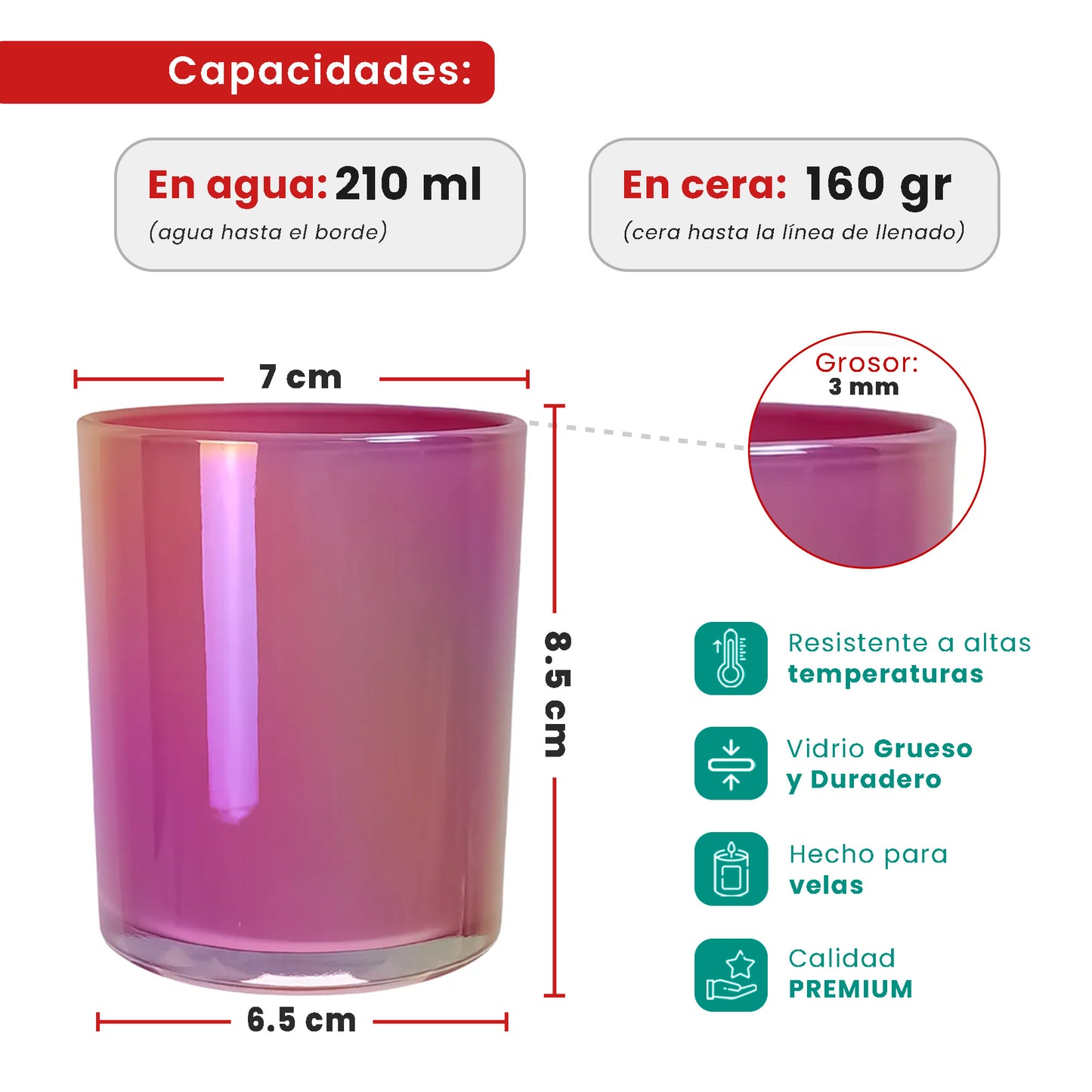 210ml - Mónaco Vaso de Vidrio para Velas - Frasco Rosa Flamingo Pink Tornasol Brillante