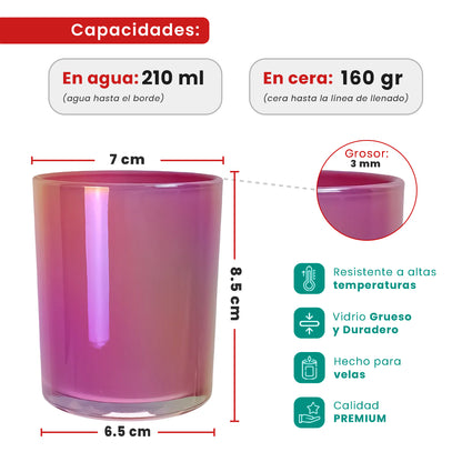 210ml - Mónaco Vaso de Vidrio para Velas - Frasco Rosa Flamingo Pink Tornasol Brillante