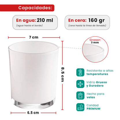 210ml - Mónaco Vaso de vidrio para velas - Frasco Blanco Brillante
