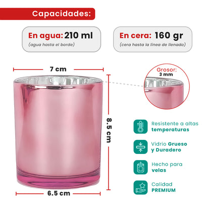 210ml - Mónaco Vaso de vidrio para velas - Frasco Rosa Metálico