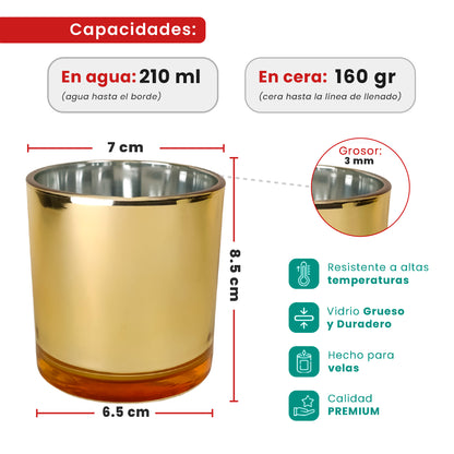 210ml - Mónaco Vaso de Vidrio para Velas - Frasco Dorado Metálico