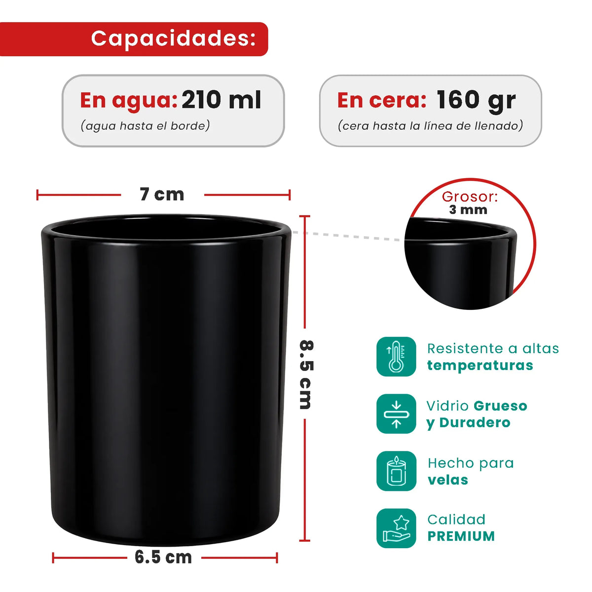 210ml - Mónaco Vaso de vidrio para velas - Frasco Negro Brillante