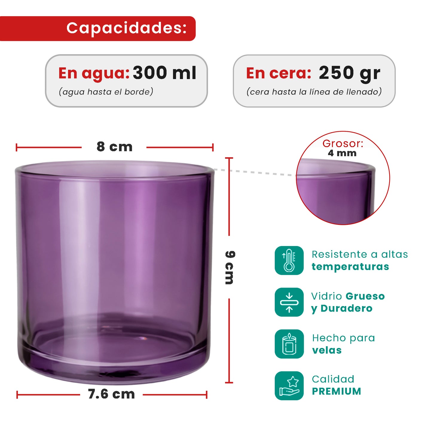 EOL - 300ml - Mónaco Vaso de vidrio para velas - Frasco Morado Transparente