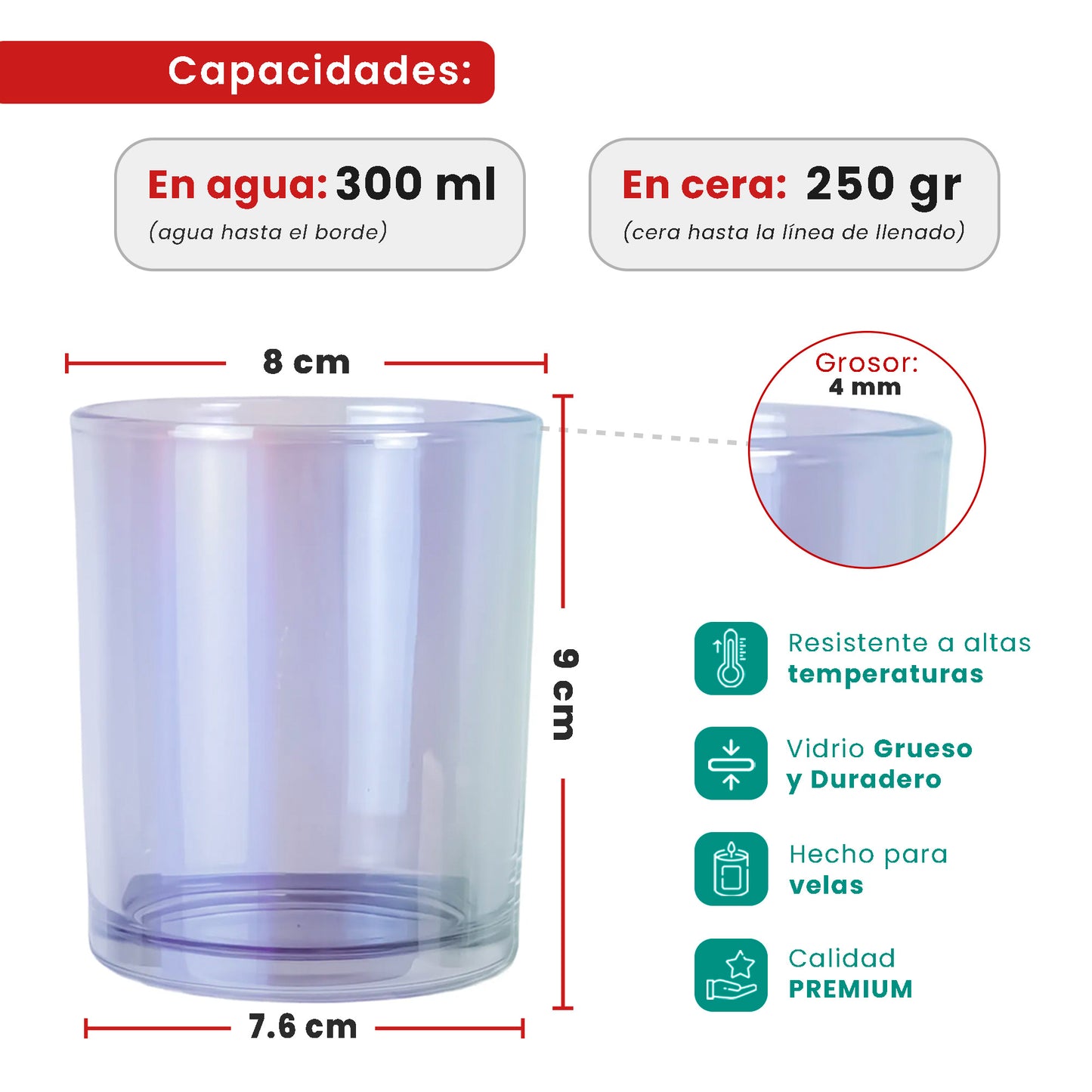300ml - Mónaco Vaso de vidrio para velas - Frasco Azul Morado Transparente Tornasol