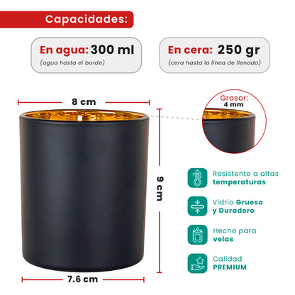 300ml - Mónaco Vaso de vidrio para velas - Frasco Negro Mate / Dorado Metálico