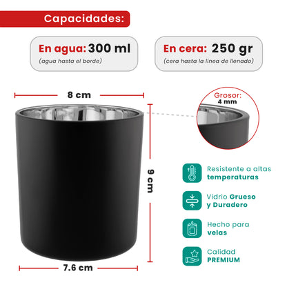 300ml - Mónaco Vaso de vidrio para velas - Frasco Negro Mate / Plata Metálico