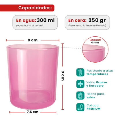 300ml - Mónaco Vaso de vidrio para velas - Frasco Rosa / Pink Transparente