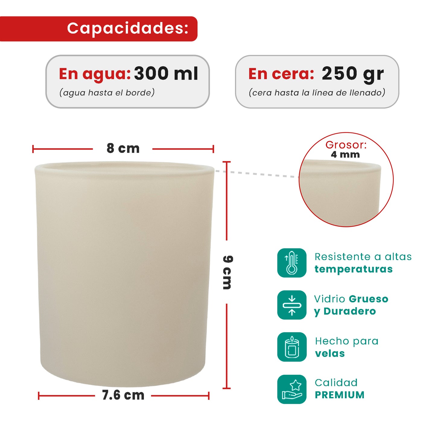 300ml - Mónaco Vaso de vidrio para velas - Frasco Beige Crema Mate