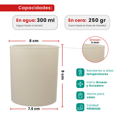 300ml - Mónaco Vaso de vidrio para velas - Frasco Beige Crema Mate