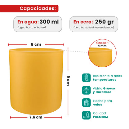 300ml - Mónaco Vaso de vidrio para velas - Frasco Amarillo Mostaza Dorado - Mate