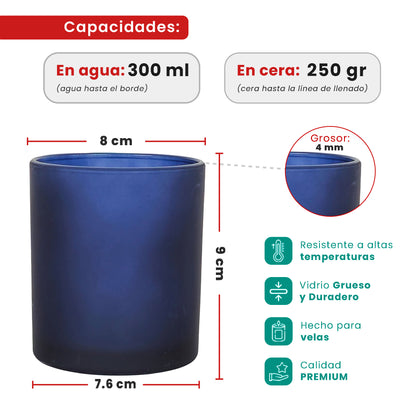 300ml - Mónaco Vaso de vidrio para velas - Frasco Azul Nocturno Mate