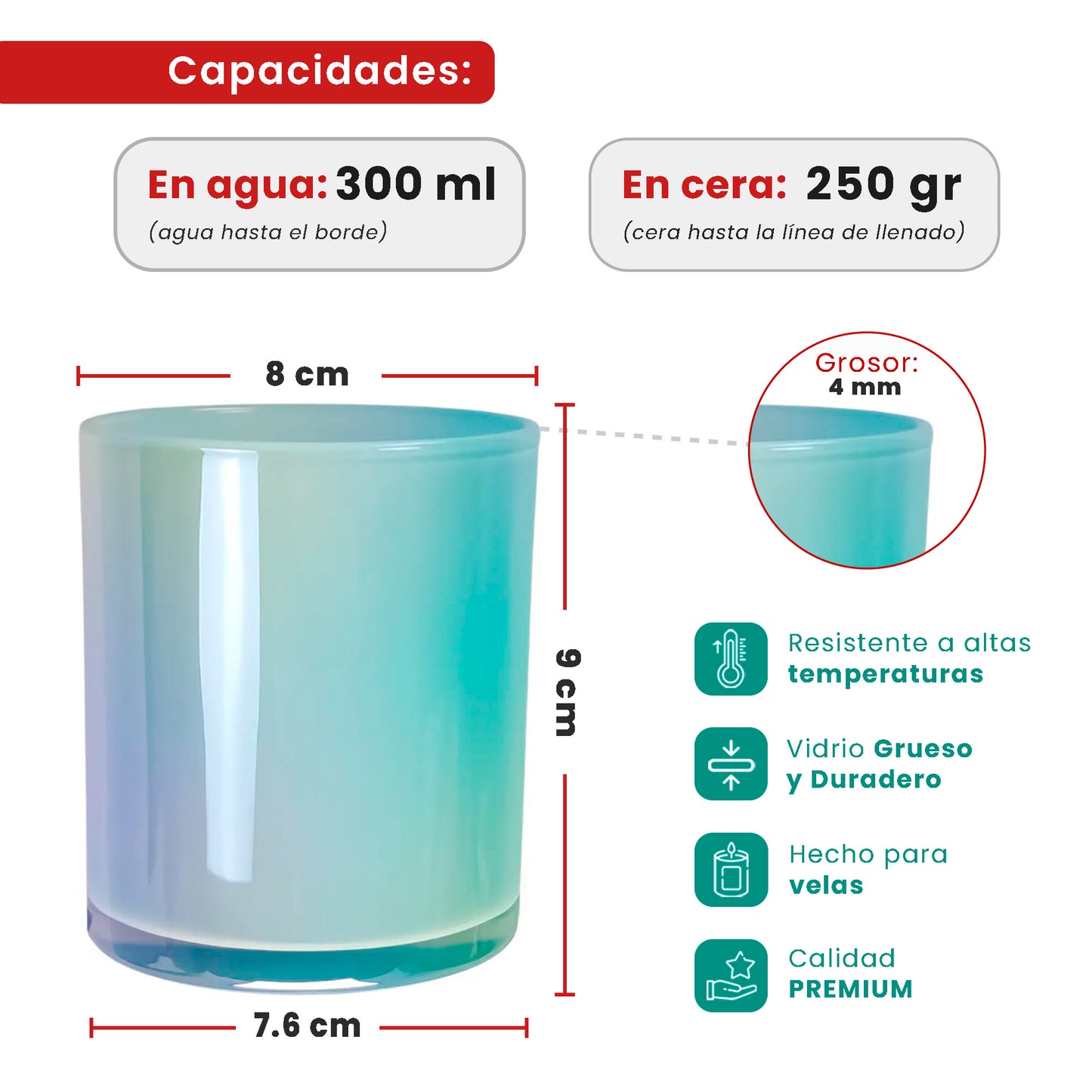 EOL - 300ml - Mónaco Vaso de Vidrio para Velas Azul Bebé - Frasco Azul Claro Pastel Tornasol Arcoíris Brillante