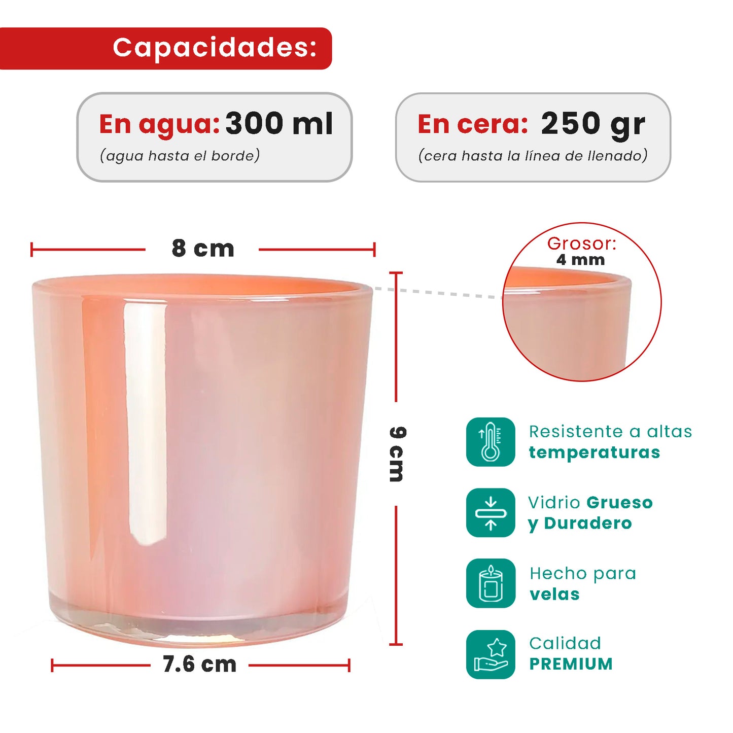 300ml - Mónaco Vaso de Vidrio para Velas - Frasco Rosa Pastel Arcoíris Tornasol