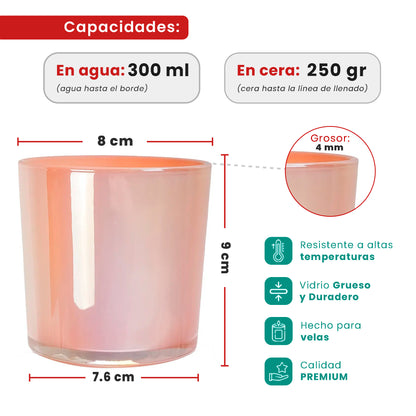 300ml - Mónaco Vaso de Vidrio para Velas - Frasco Rosa Pastel Arcoíris Tornasol