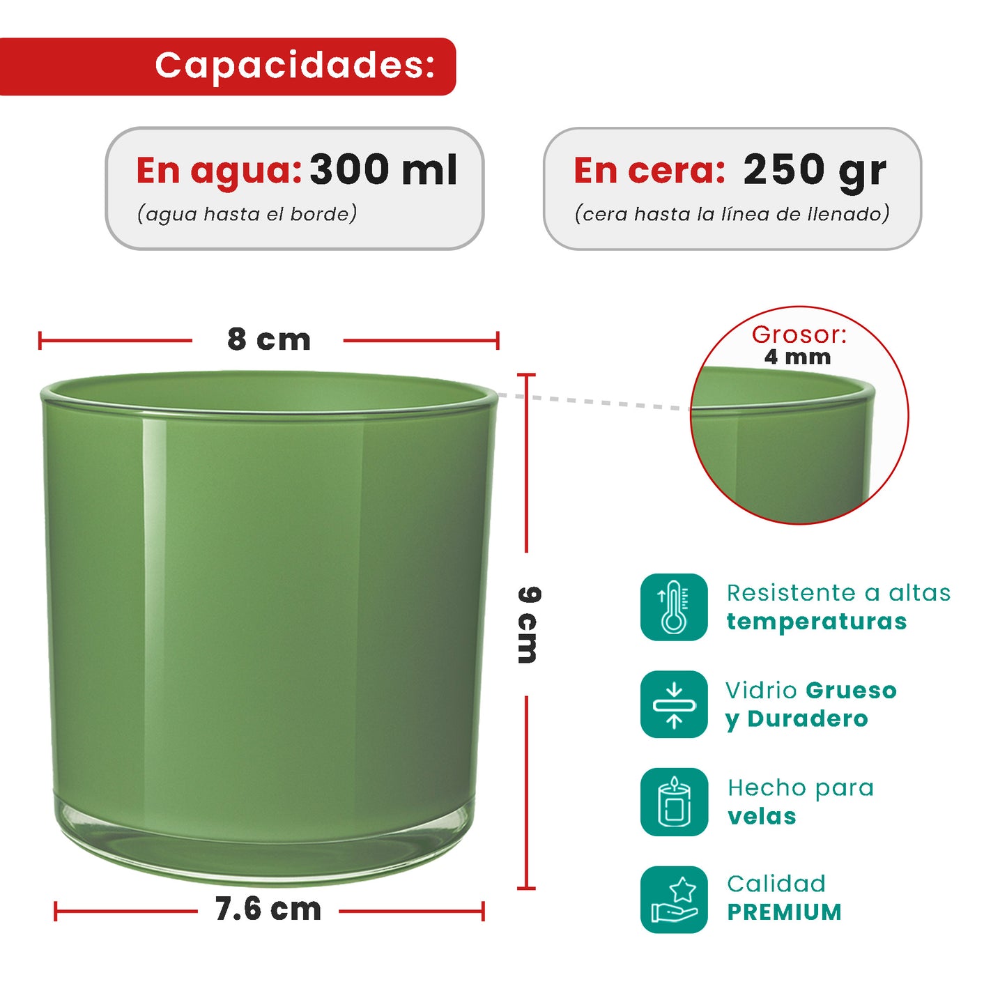 300ml - Mónaco Vaso de vidrio para velas - Frasco Verde Menta Brillante