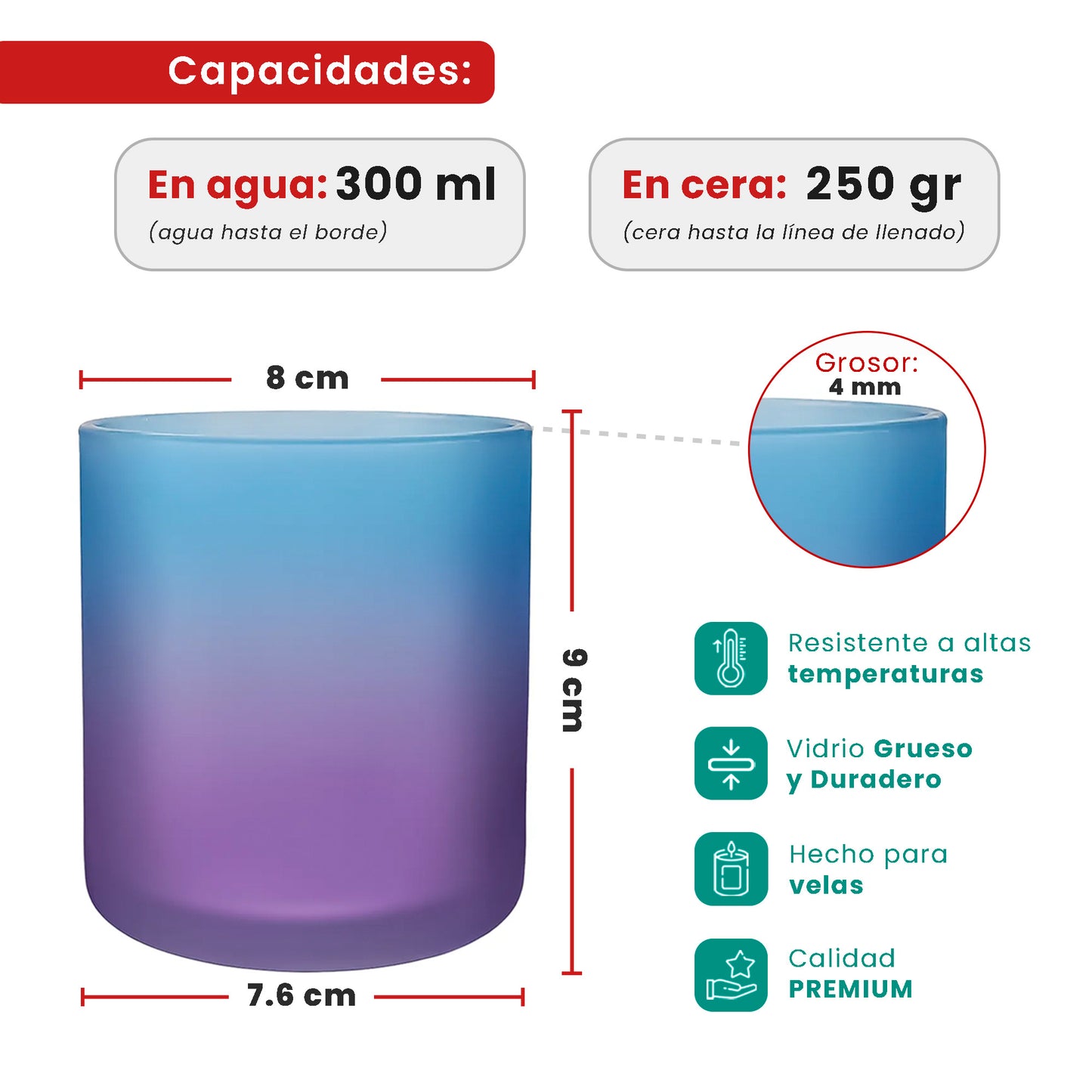 300ml - Mónaco Vaso de vidrio para velas - Frasco 2 colores: Azul y Morado Satinado