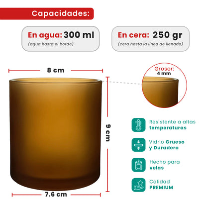 300ml - Mónaco Vaso de vidrio para velas - Frasco Ámbar Satinado
