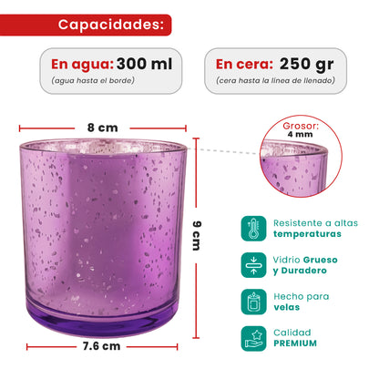 300ml - Mónaco Vaso de vidrio para velas - Frasco Morado Metálico con Salpicaduras