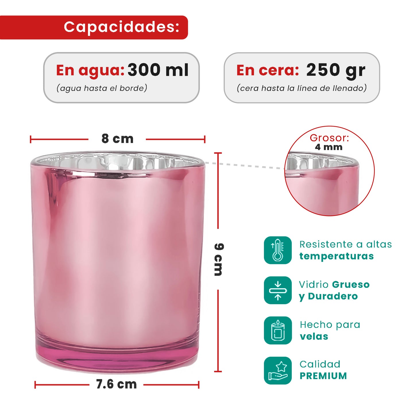 300ml - Mónaco Vaso de vidrio para velas - Frasco Rosa - Metálico