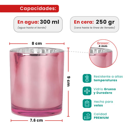 300ml - Mónaco Vaso de vidrio para velas - Frasco Rosa - Metálico