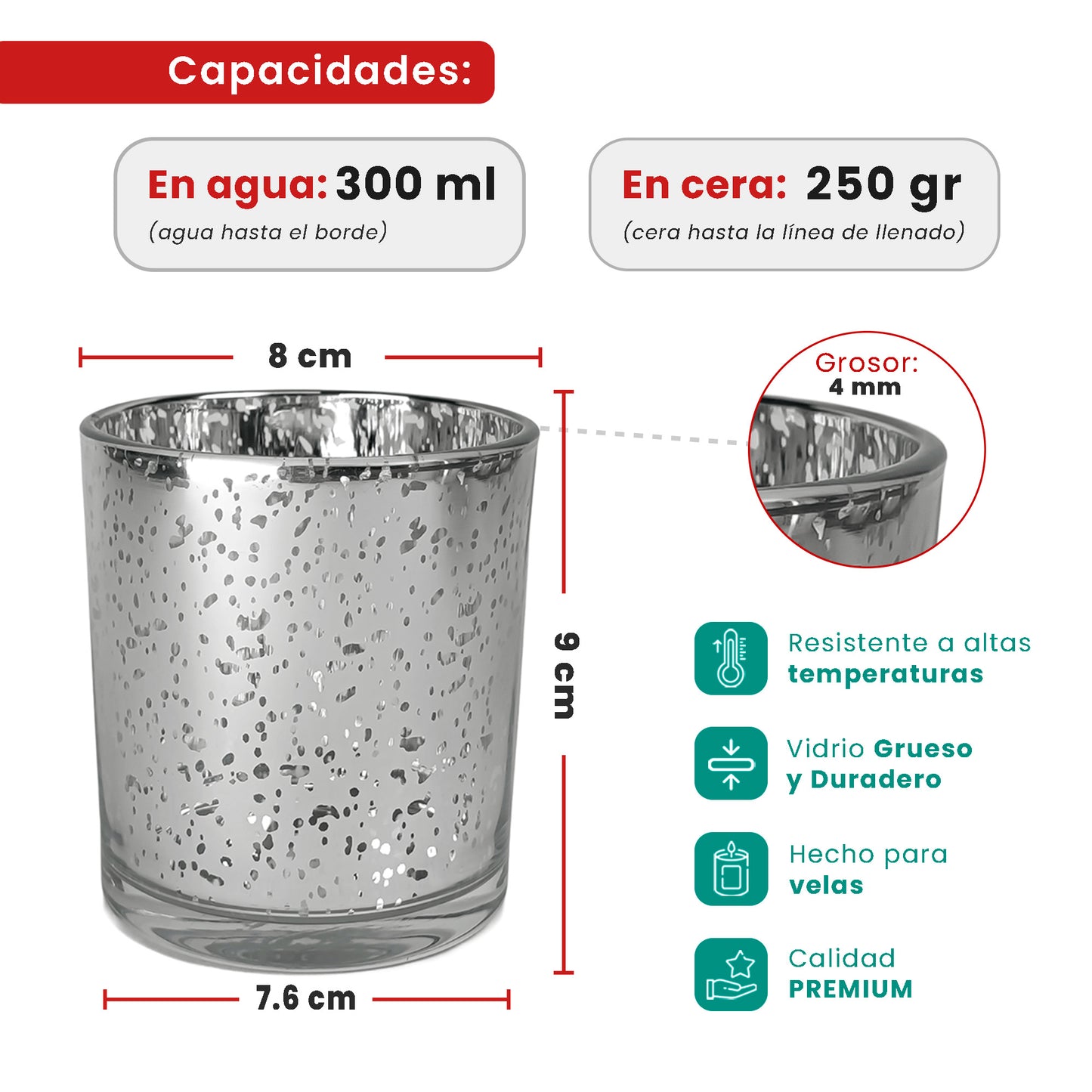 300ml - Mónaco Vaso de vidrio para velas - Plata - Frasco Metálico con Salpicaduras