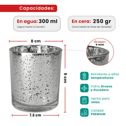 300ml - Mónaco Vaso de vidrio para velas - Plata - Frasco Metálico con Salpicaduras