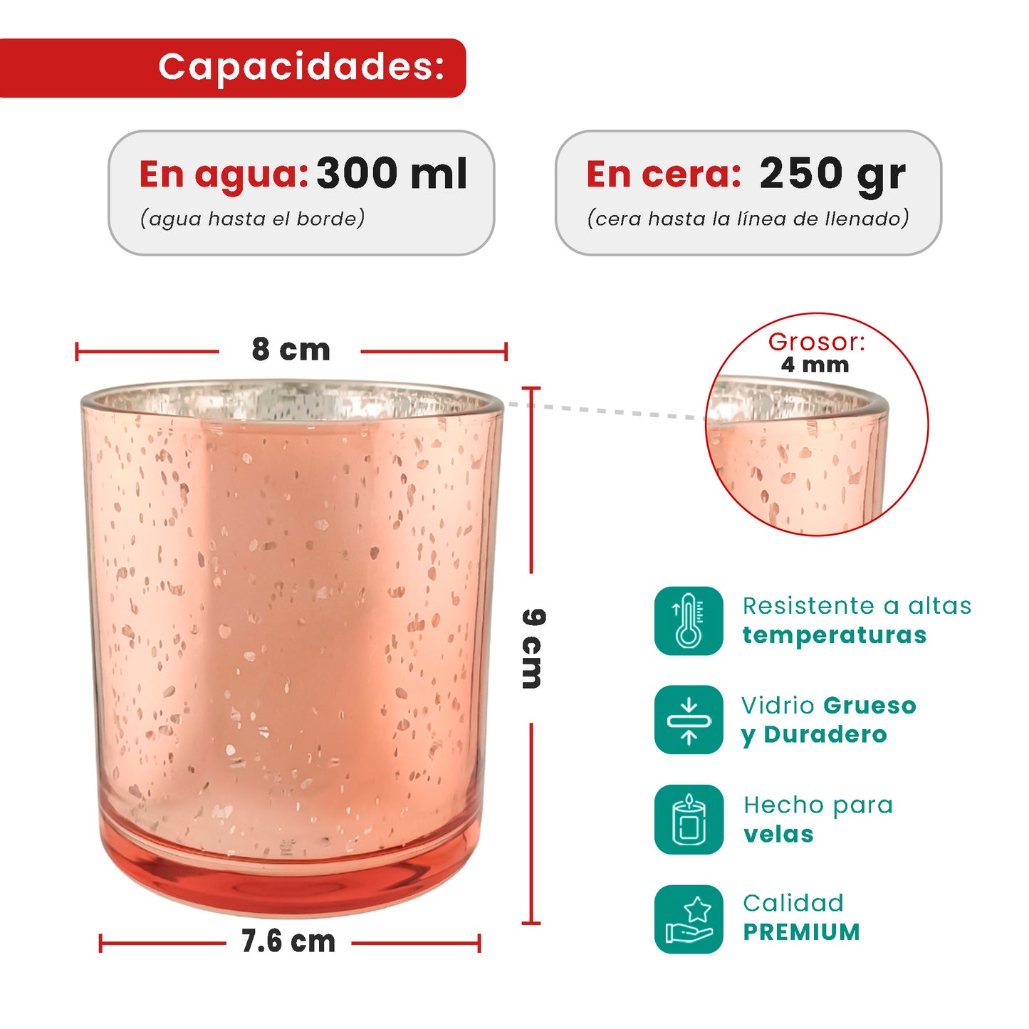 300ml - Mónaco Vaso de vidrio para velas - Frasco Oro Rosado / Rosa - Metálico con Salpicaduras