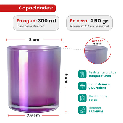 300ml - Mónaco Vaso de Vidrio para Velas - Frasco Morado Tornasol Arcoíris Brillante