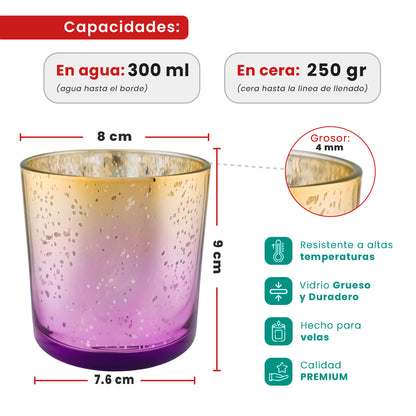 300ml - Mónaco Vaso de vidrio para velas - Frasco Dorado / Morado - Metálico con Salpicaduras