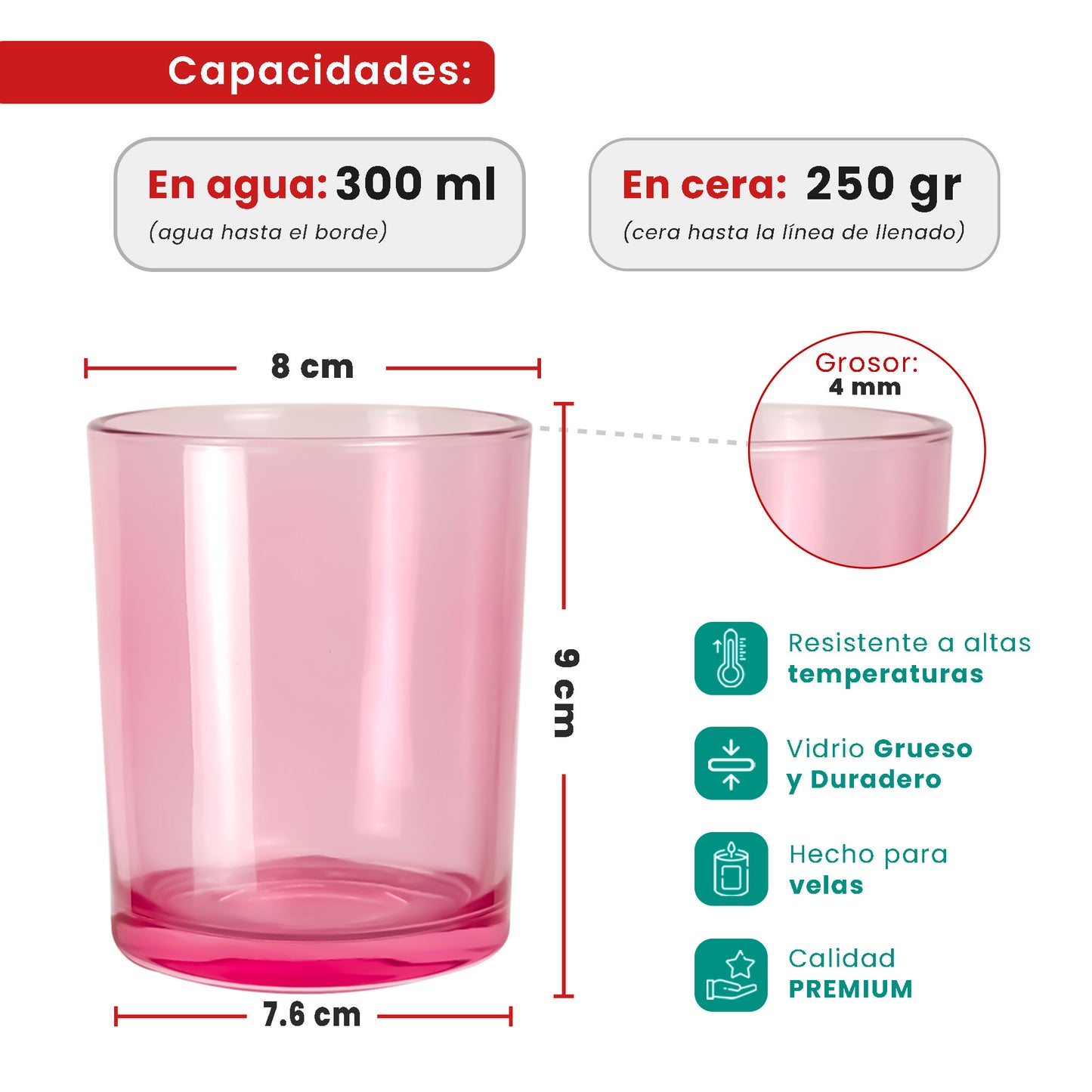 300ml - Mónaco Vaso de vidrio para velas - Frasco Rosa / Fucsia - Transparente