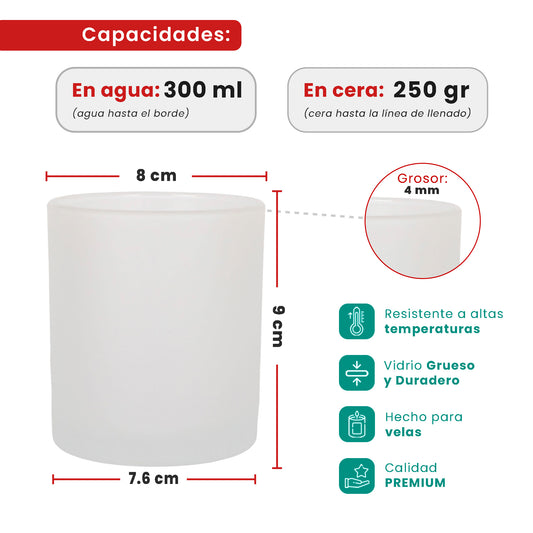 300ml - Mónaco Vaso de vidrio para velas - Blanco Satinado