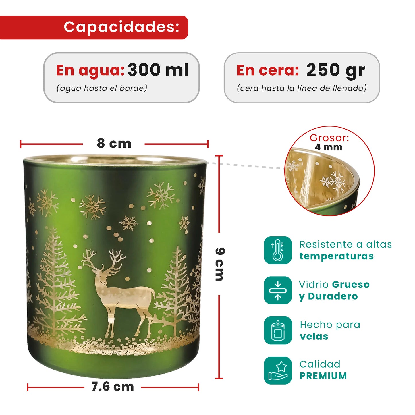 300ml - Mónaco Vaso de vidrio para velas - Frasco Verde Mate / Metálico con Silueta de Pinos de Navidad y Renos