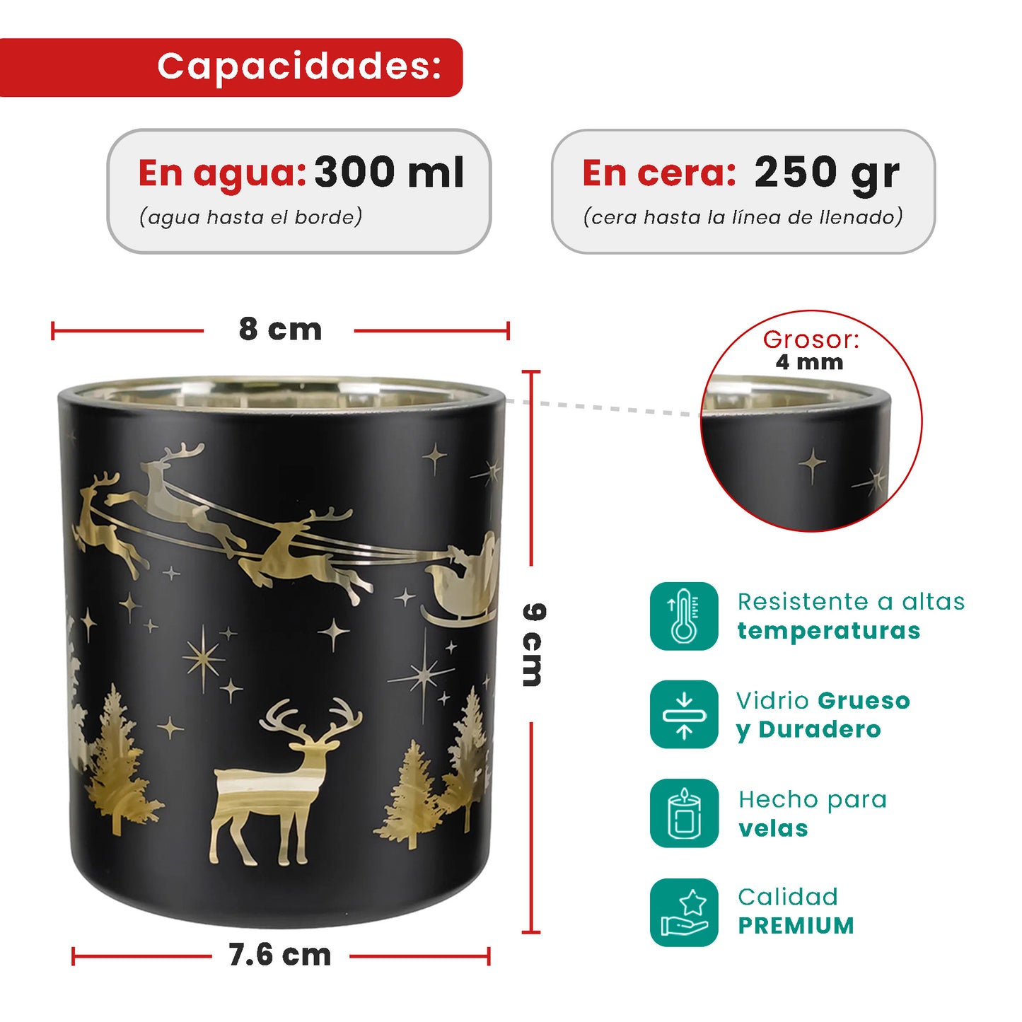 300ml - Mónaco Vaso de vidrio para velas - Frasco Negro Mate / Metálico con Siluetas de Reno y Pino