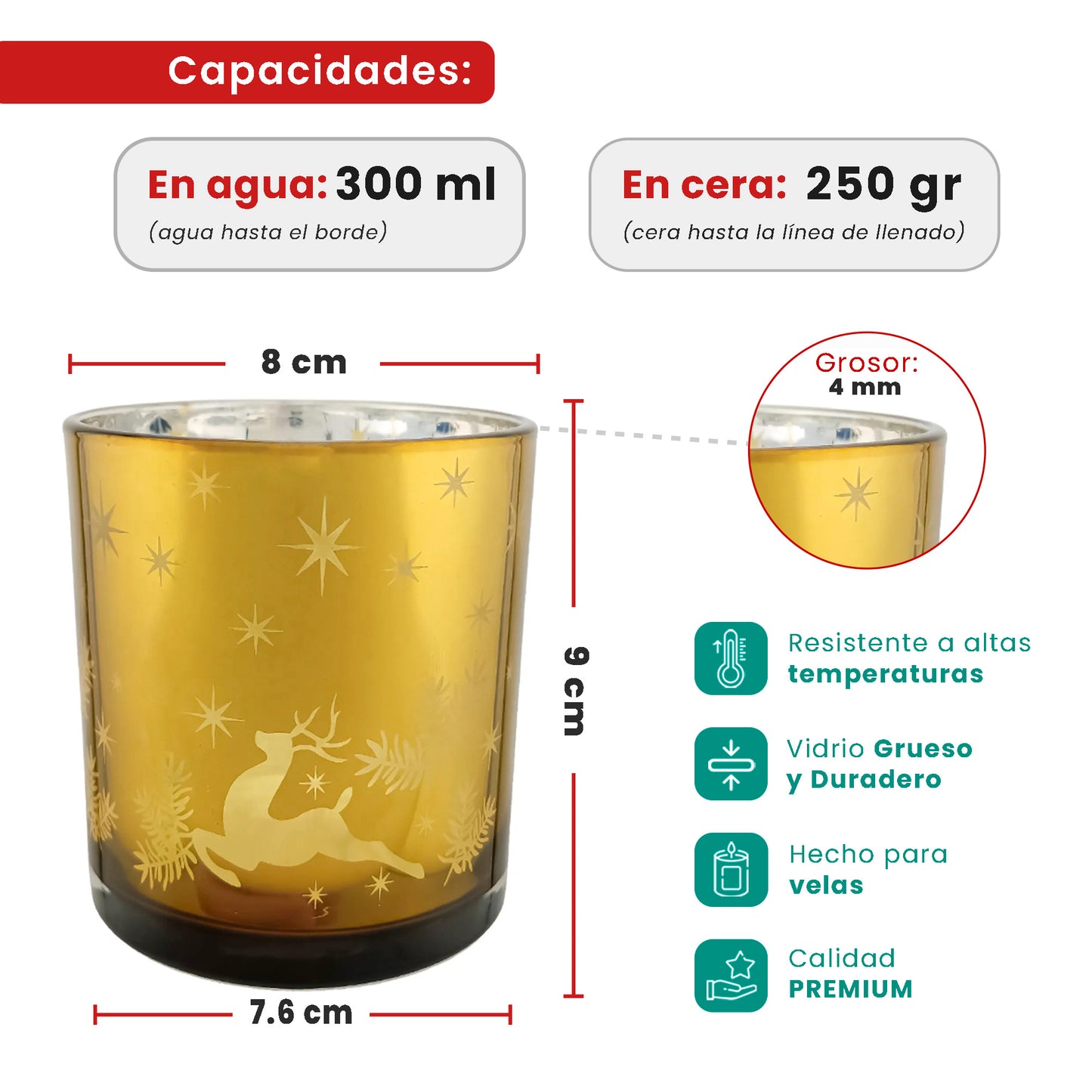 300ml - Mónaco Vaso de vidrio para velas - Frasco Dorado con Silueta de Estrellas Renos Navideñas