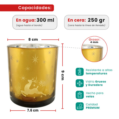 300ml - Mónaco Vaso de vidrio para velas - Frasco Dorado con Silueta de Estrellas Renos Navideñas