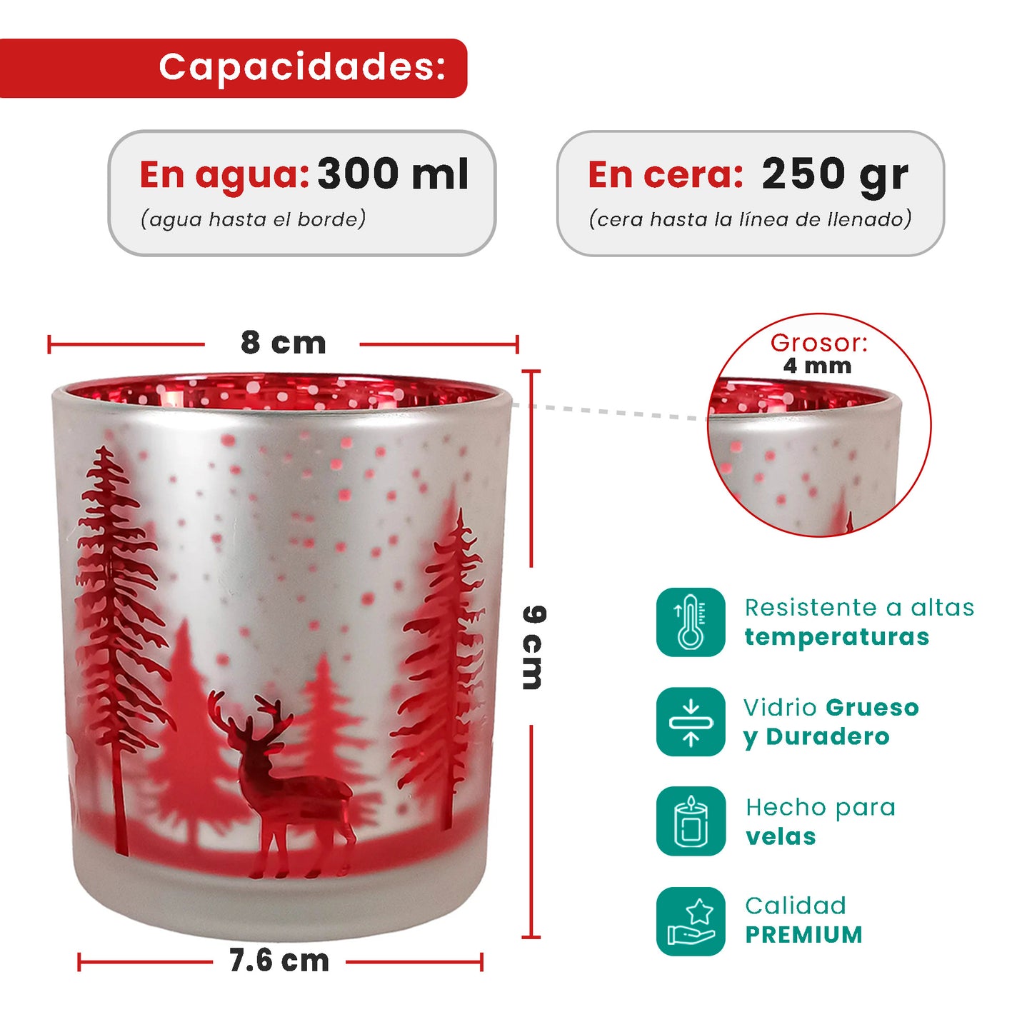 300ml - Mónaco Vaso de vidrio para velas - Frasco Plateado Mate y Rojo Metálico con Renos Pinos de Navidad