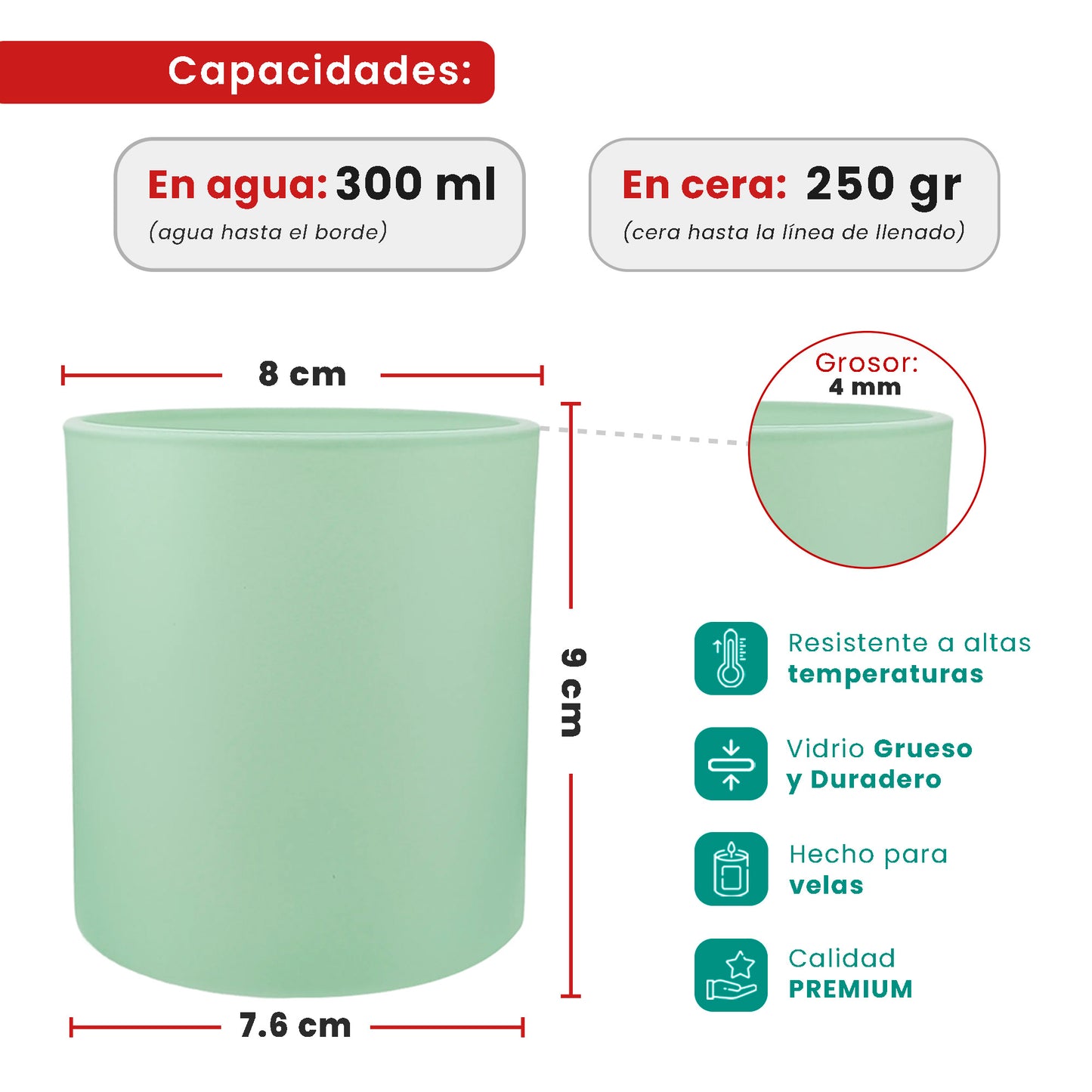 300ml - Mónaco Vaso de vidrio para velas - Frasco Verde Menta - Mate