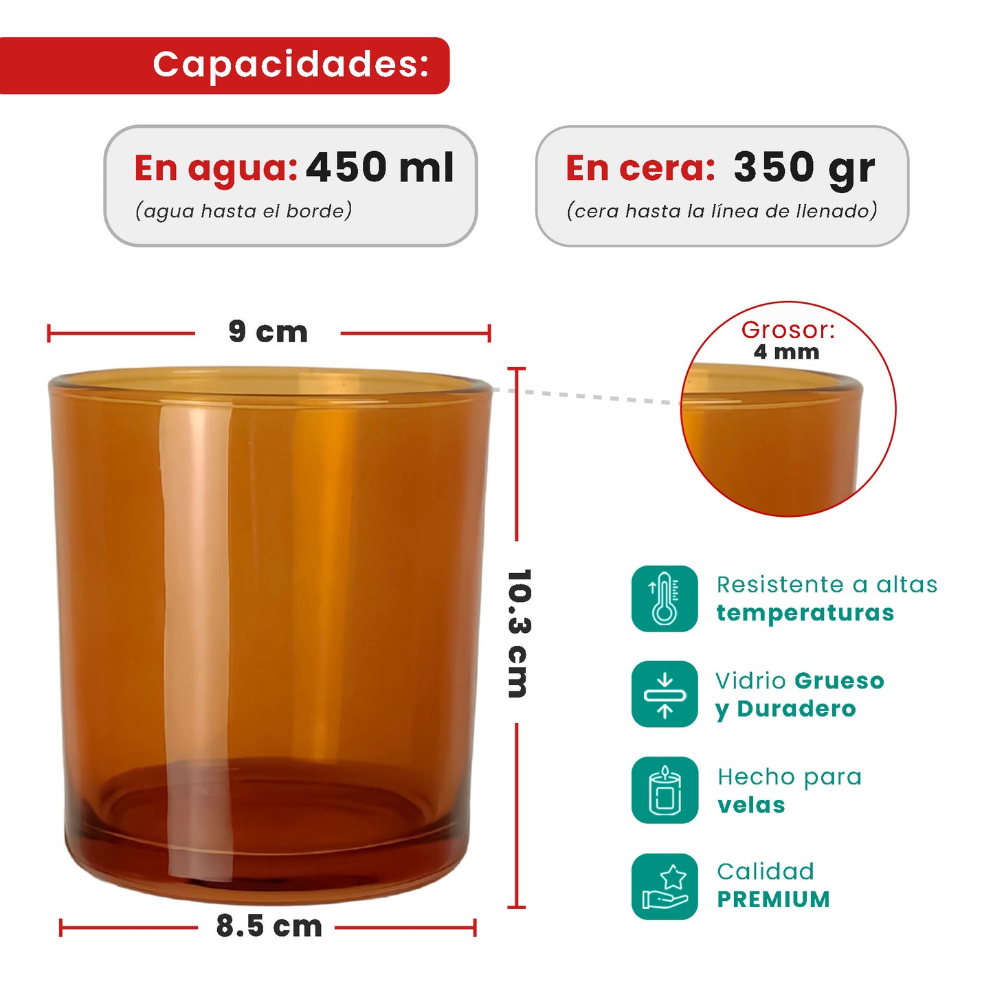 EOL - 450ml - Mónaco Vaso de Vidrio para Velas - Frasco Ámbar Transparente