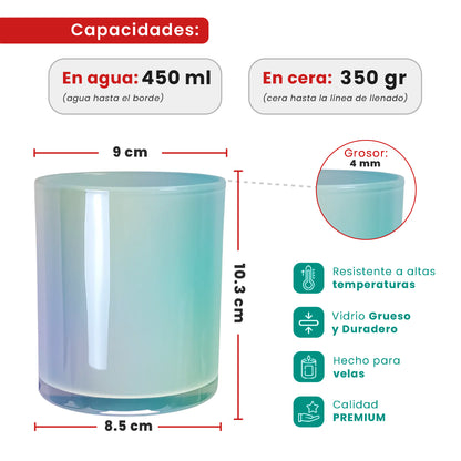 EOL - 450ml - Mónaco Vaso de Vidrio para Velas Azul Bebé - Frasco Azul Claro Tornasol Arcoíris Brillante