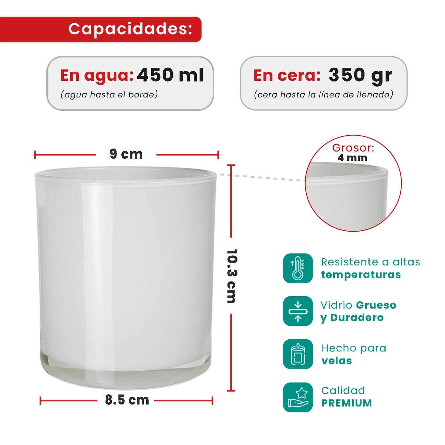 EOL - 450ml - Mónaco Vaso de vidrio para velas - Frasco Blanco Brillante