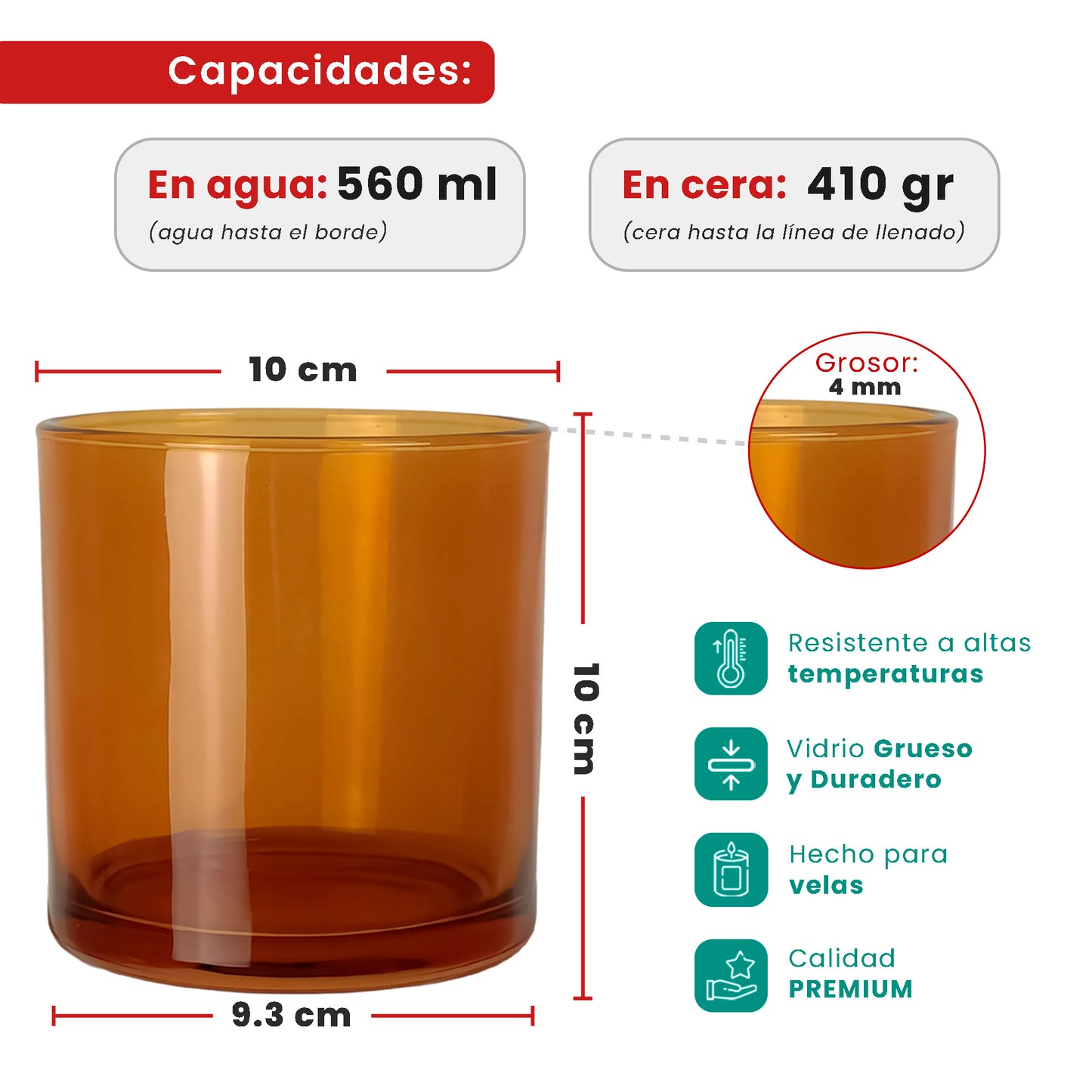 560ml - Mónaco Vaso de vidrio para velas - Frasco Ámbar Transparente