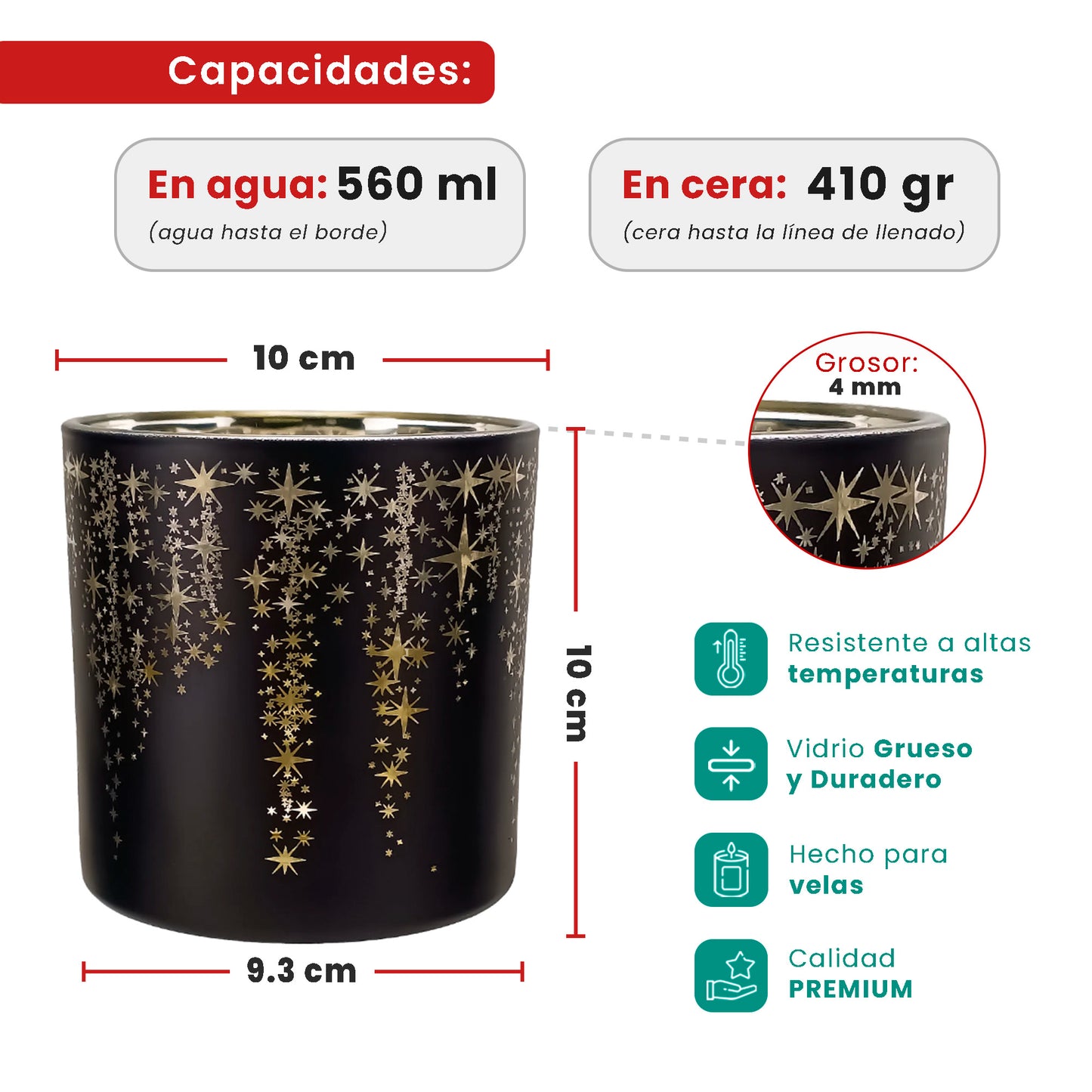 560ml - Mónaco Vaso de vidrio para velas - Frasco Negro Mate / Metálico con Siluetas de Estrellas