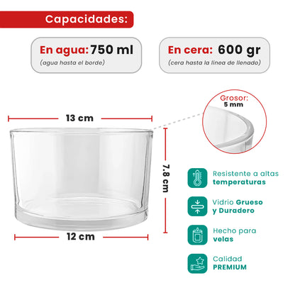 750ml - Mónaco Vaso de vidrio para velas - Frasco Cristal Transparente